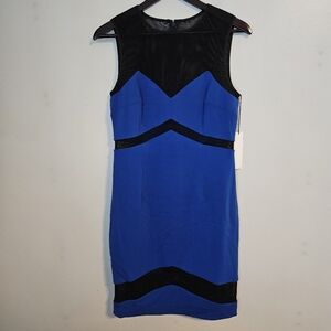 JAYGODFREY Blue Black Mini Dress Women's 10 Mesh Cutouts High Neck Cocktail